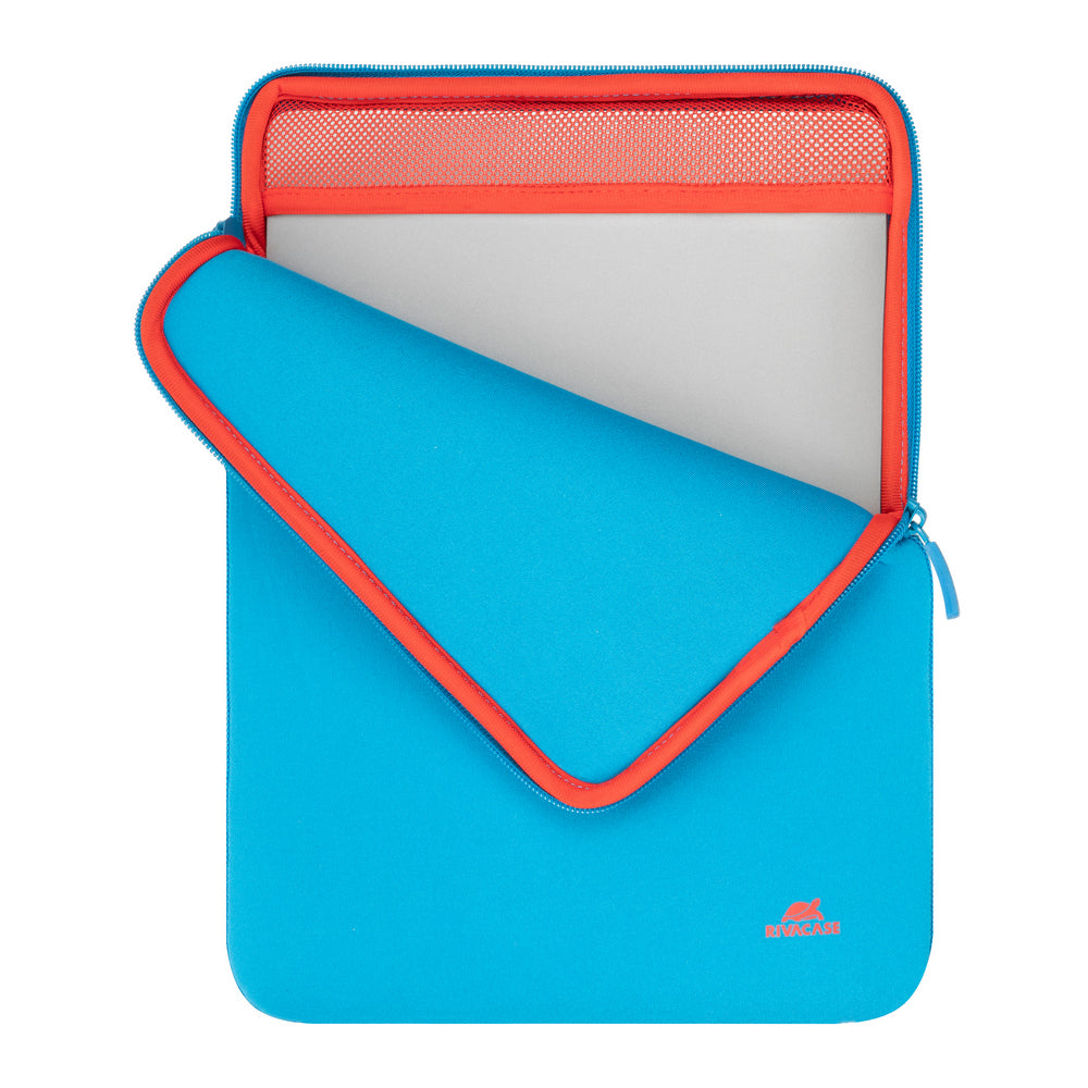 Rivacase 5221 Antishock MacBook 13 Sleeve Blue - open view showing internal elastic strap and polyester lining