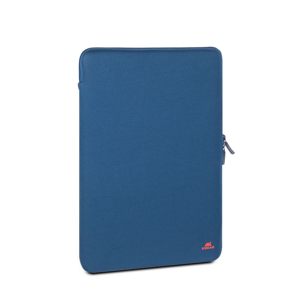 Blue laptop sleeve with a brand logo on a white background