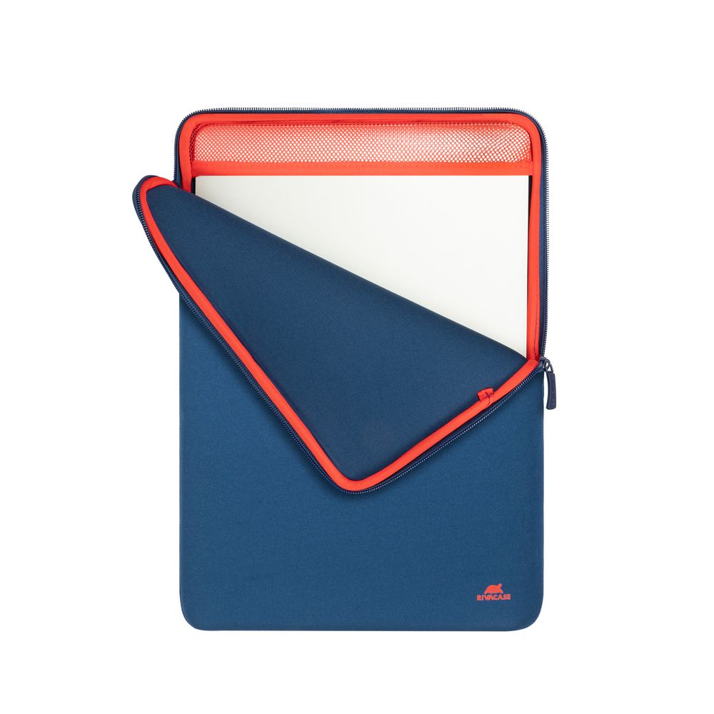 Blue and red laptop sleeve with mesh back on a white background
