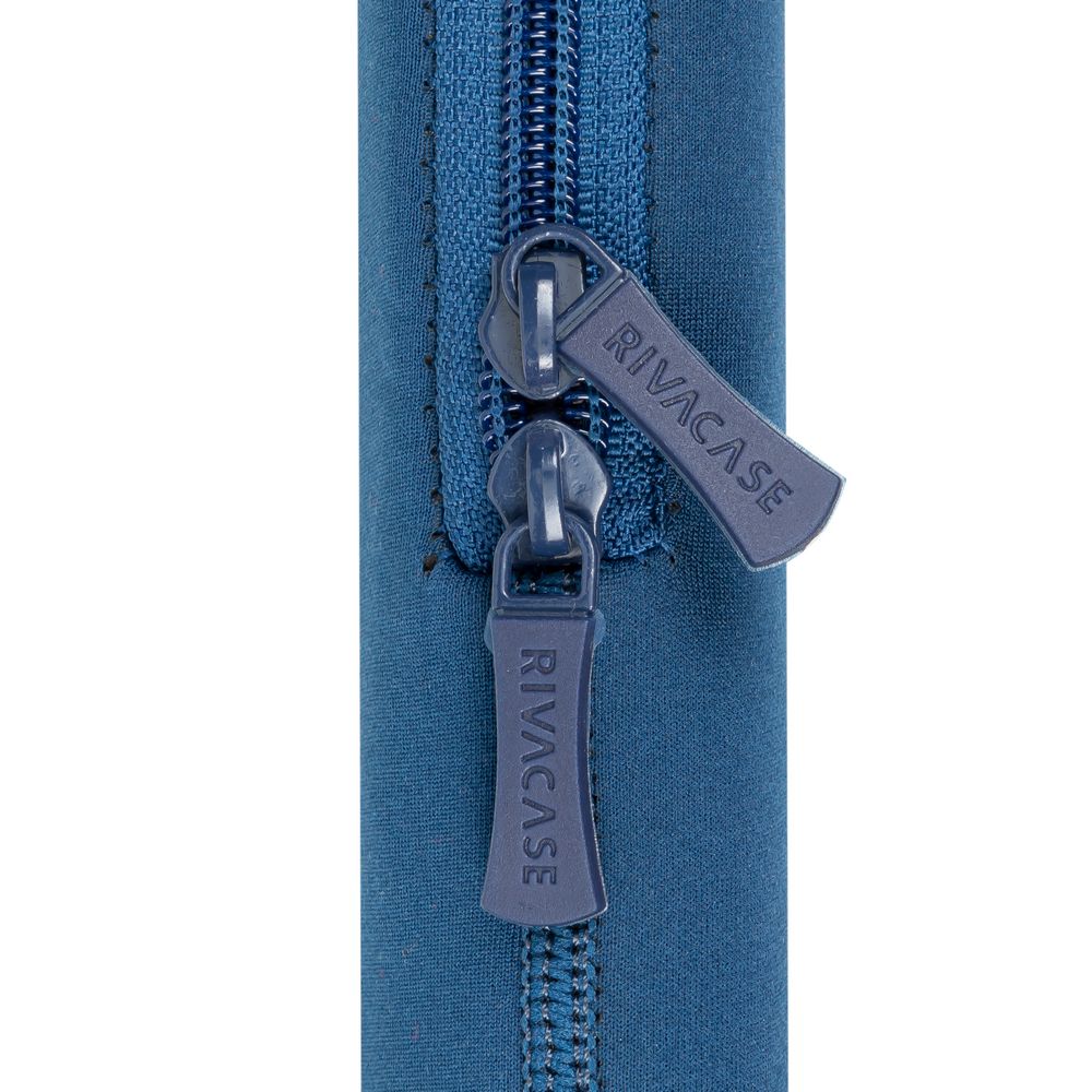 Close-up of a blue zipper with 'Rivacase' branding on a white background