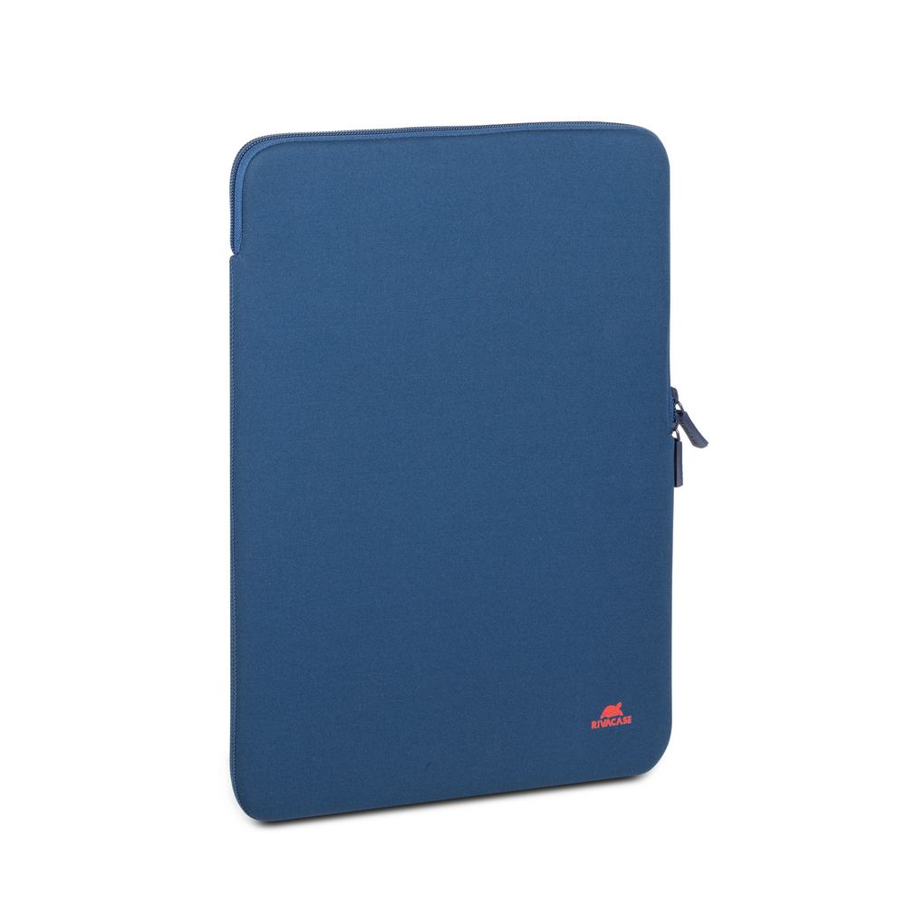 Blue laptop sleeve with a brand logo on a white background