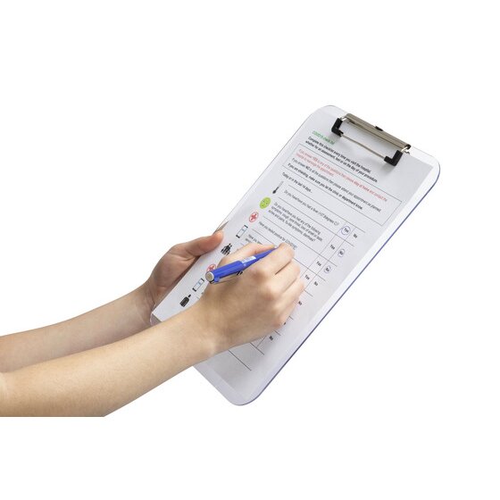 Hand writing with a blue pen on a checklist held by the metal clip of the clear Marbig A4 plastic clipboard 40214, board held at an angle