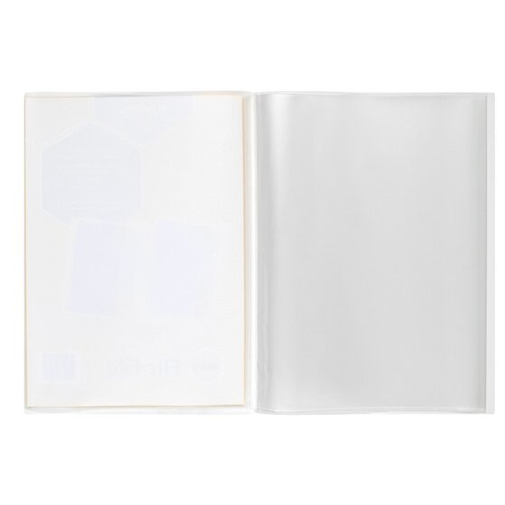 The Marbig Flic File 22007 lying open on a white background, showing the empty clear A4 pockets and the transparent cover with the marbig branding reading through from the outside