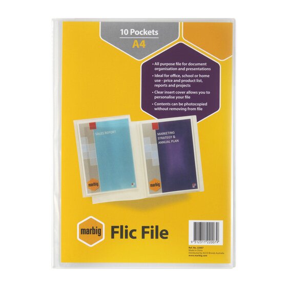 Marbig Flic File 22007 retail pack, a clear A4 file with a yellow insert card reading 10 Pockets A4 and marbig Flic File, listing an all purpose file for document organisation and a clear insert cover for personalisation