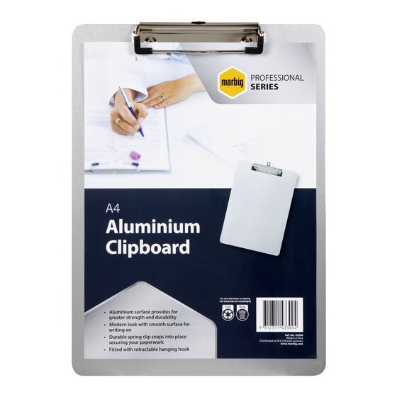 Marbig A4 aluminium clipboard 43300 in its retail card, with the Professional Series badge, the title A4 Aluminium Clipboard and four feature points