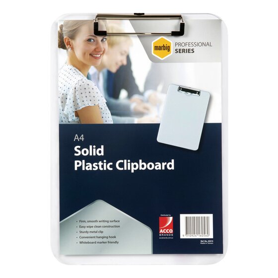 Marbig clear A4 plastic clipboard 40214 in its retail card, showing the Professional Series badge, the title A4 Solid Plastic Clipboard, five feature points and the barcode