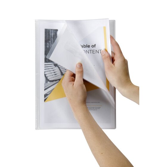 Two hands holding the clear Marbig Flic File 22007 and lifting one clear pocket to turn to a printed Table of Content page inside, showing how thin and light the ten pocket A4 file is