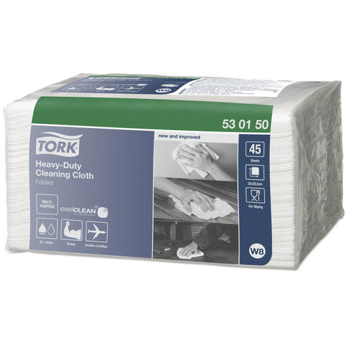 Tork Heavy Duty Cleaning Cloth Folded 1 Ply W8 Small Pack White Carton of 8