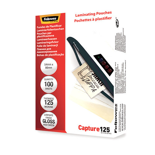 Fellowes Glossy 125 Micron Laminating Pouches 54x86mm 100 Pack