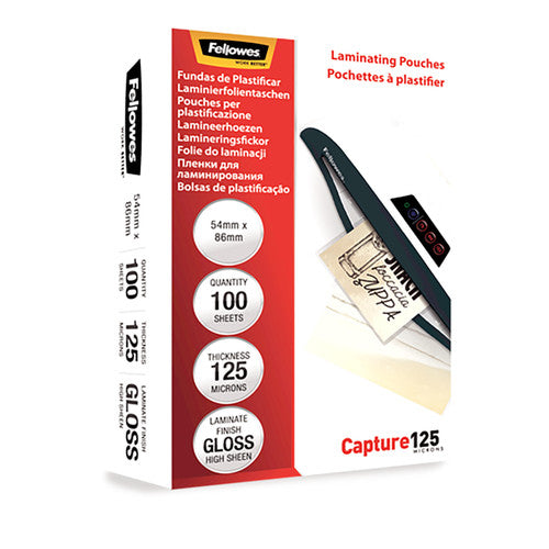 Fellowes Glossy 125 Micron Laminating Pouches 54x86mm 100 Pack