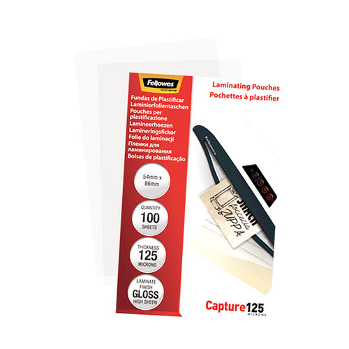 Fellowes Glossy 125 Micron Laminating Pouches 54x86mm 100 Pack
