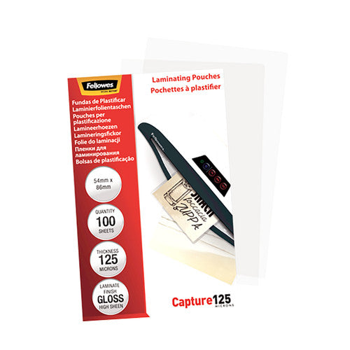 Fellowes Glossy 125 Micron Laminating Pouches 54x86mm 100 Pack