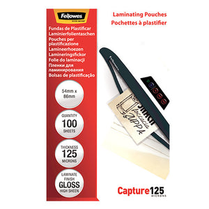 Fellowes Glossy 125 Micron Laminating Pouches 54x86mm 100 Pack