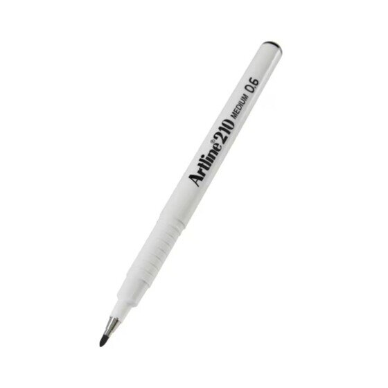 Black capped Artline 210 fineliner printed MEDIUM 0.6, shown at an angle