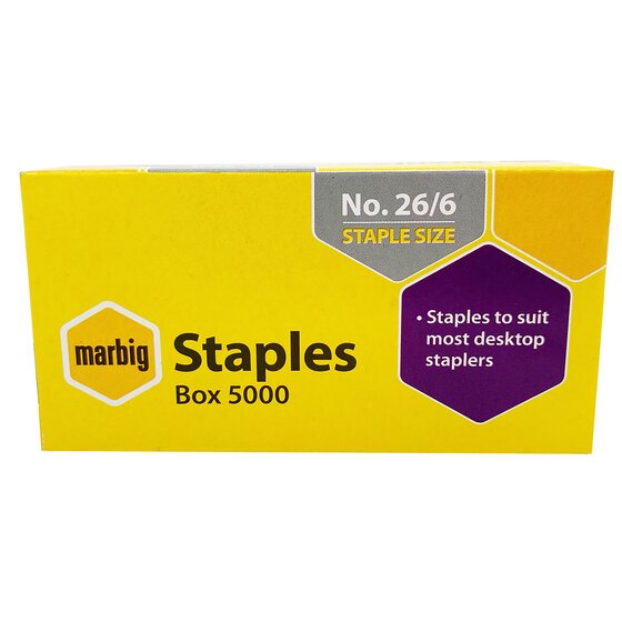 Yellow Marbig Staples Box 5000 carton with a grey No. 26/6 Staple Size panel and a purple hexagon label