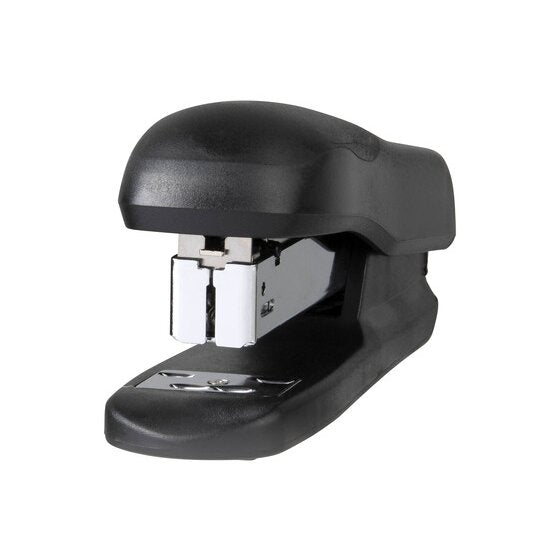 Front view of a black Marbig Enviro half strip plastic stapler with a chrome staple head