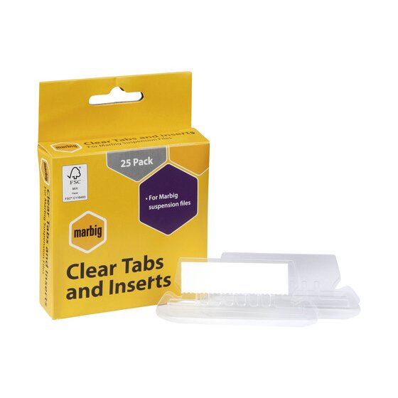 Marbig Clear Tabs and Inserts 25 Pack box marked For Marbig suspension files, shown with two clear plastic tabs laid in front of it