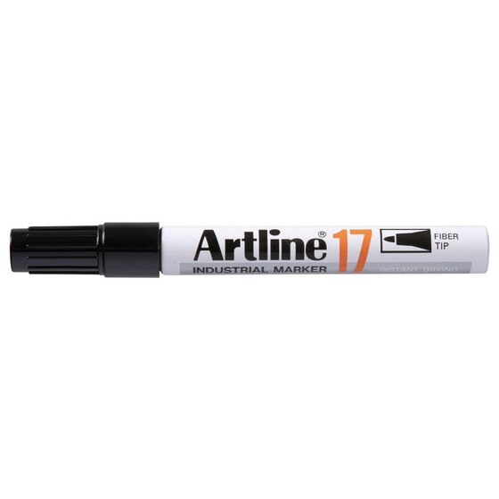 Black Artline 17 Industrial Marker with cap on, white barrel printed Industrial Marker and Fiber Tip