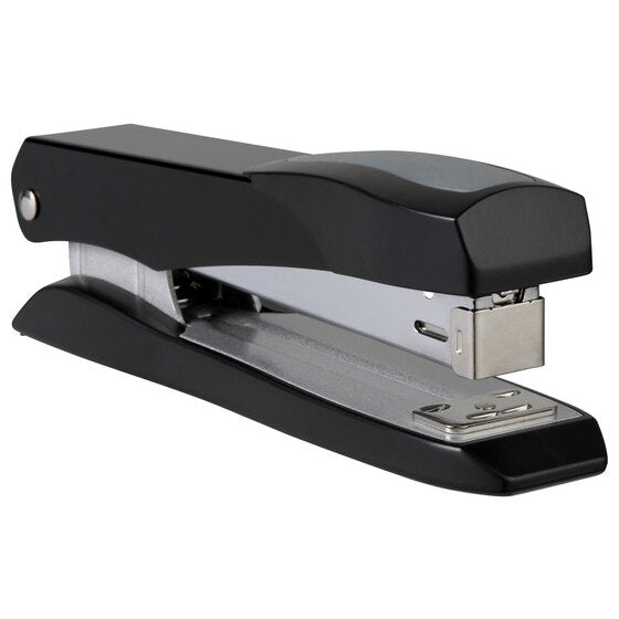 Marbig full strip metal stapler in black shown from a front three quarter angle with a chrome anvil plate