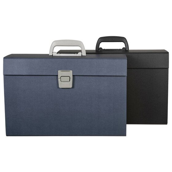 Marbig 90020 carry files closed side by side, a blue file with a grey handle and latch in front of a black file with a black handle and latch.