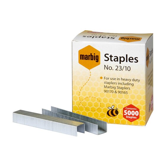 Marbig No 23/10 staples box with a red Contents 5000 Staples badge, printed for heavy duty staplers including Marbig Staplers 90170 and 90165