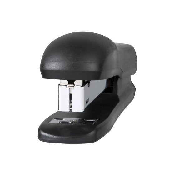 Front view of a black Marbig Enviro full strip plastic stapler showing the chrome staple head
