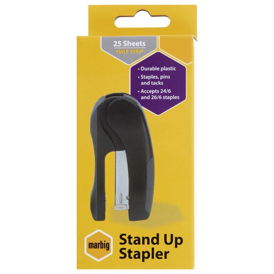 Marbig Stand Up Stapler retail box printed 25 Sheets Half Strip, Durable plastic, Staples, pins and tacks and Accepts 24/6 and 26/6 staples