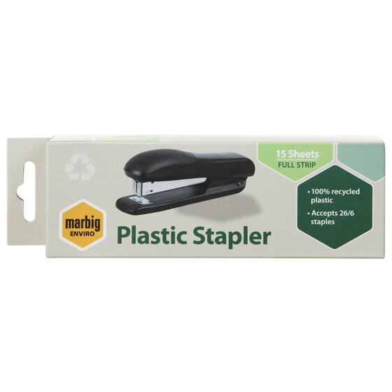 Marbig Enviro Plastic Stapler retail box printed 15 Sheets Full Strip and Accepts 26/6 staples