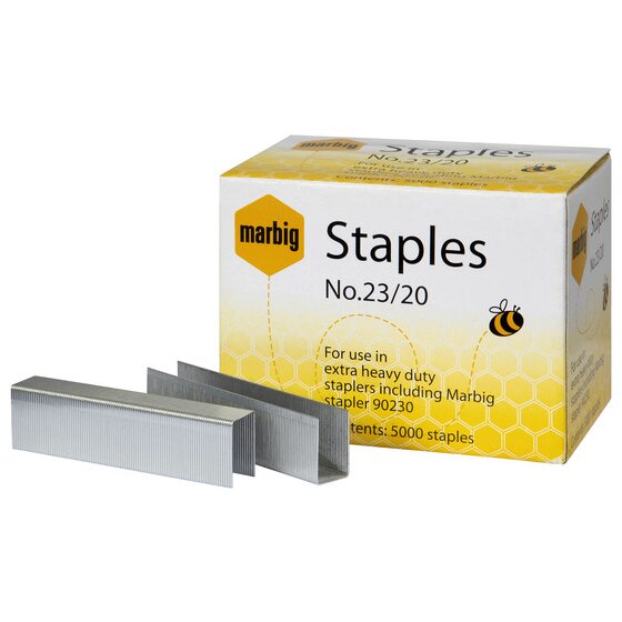 Marbig No 23/20 staples box with loose heavy duty staple strips in front, printed for extra heavy duty staplers including Marbig stapler 90230