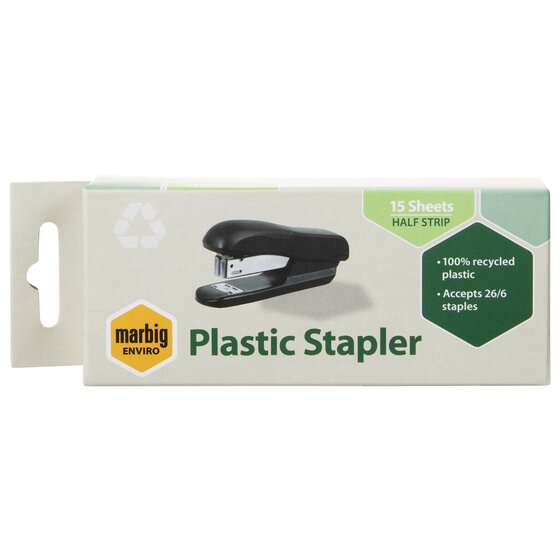 Marbig Enviro Plastic Stapler retail box printed 15 Sheets Half Strip and Accepts 26/6 staples