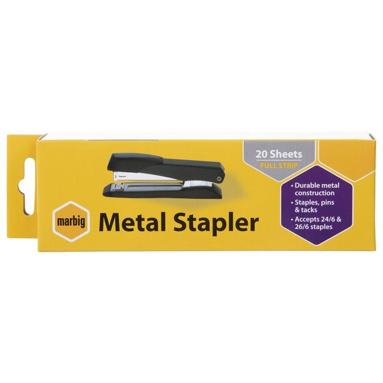 Marbig Metal Stapler retail box printed 20 Sheets Full Strip, Durable metal construction, Staples, pins & tacks and Accepts 24/6 & 26/6 staples