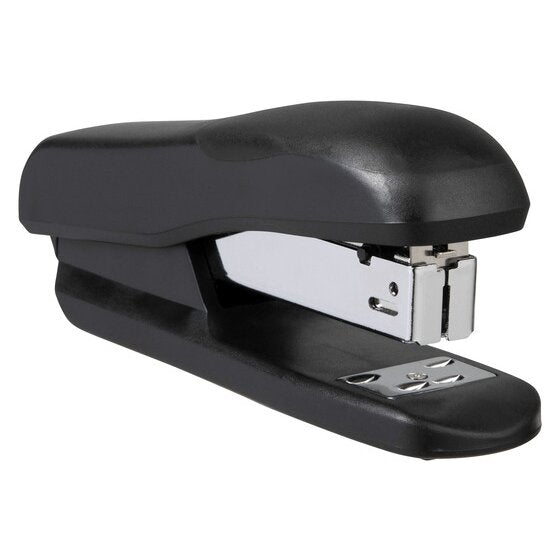 Black Marbig Enviro half strip plastic stapler shown from a three quarter angle