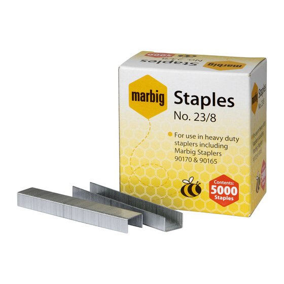 Marbig No 23/8 staples box with a red Contents 5000 Staples badge, printed for heavy duty staplers including Marbig Staplers 90170 and 90165