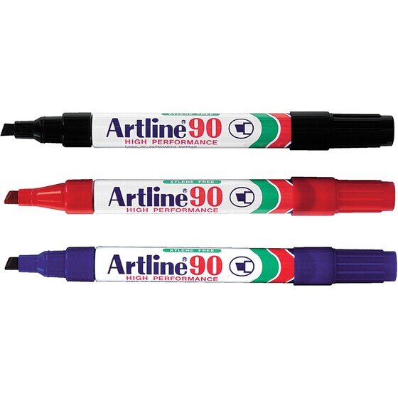 Black, red and blue Artline 90 chisel tip permanent markers shown out of the pack