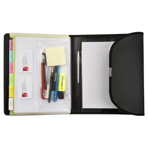 Black Marbig 90069 compendium opened flat, with six coloured tabs headed Bills, Car, Insurance, Reports and Payments, a clear zip pouch holding pens and notes, business cards and a lined writing pad.