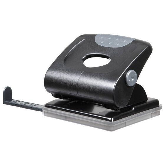 Black two hole punch with a grey textured grip, silver pivot and clear base, paper guide extended to the left
