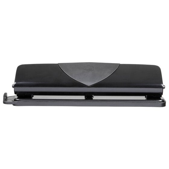 Black three hole punch seen from the front, showing the shaped top plate and a guide bar at the base