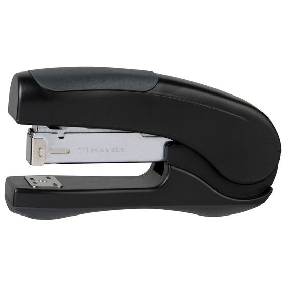Marbig stand up stapler in black lying flat, shown side on with a grey grip pad and 24/6 & 26/6 embossed on the magazine