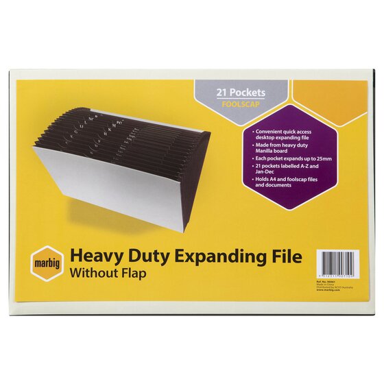 Marbig Heavy Duty Expanding File Without Flap pack card marked 21 Pockets Foolscap, with a purple feature panel, barcode and reference number