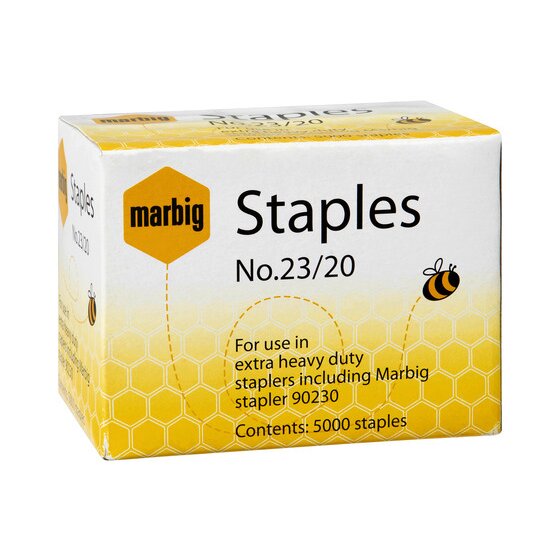 Marbig No 23/20 staples box printed for use in extra heavy duty staplers including Marbig stapler 90230, Contents 5000 staples
