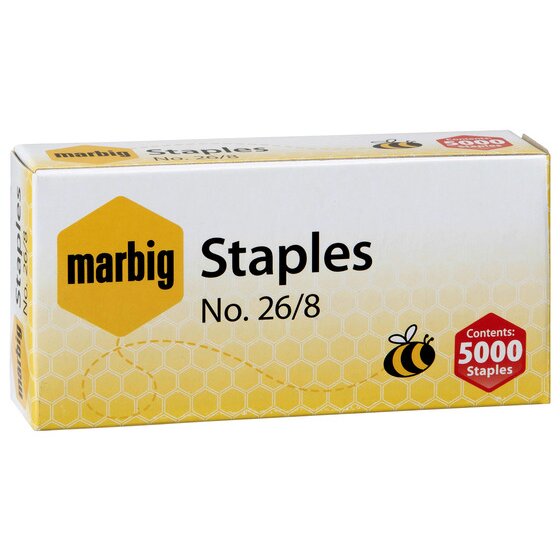 Marbig No 26/8 staples box with a red Contents 5000 Staples badge on a white and yellow honeycomb design