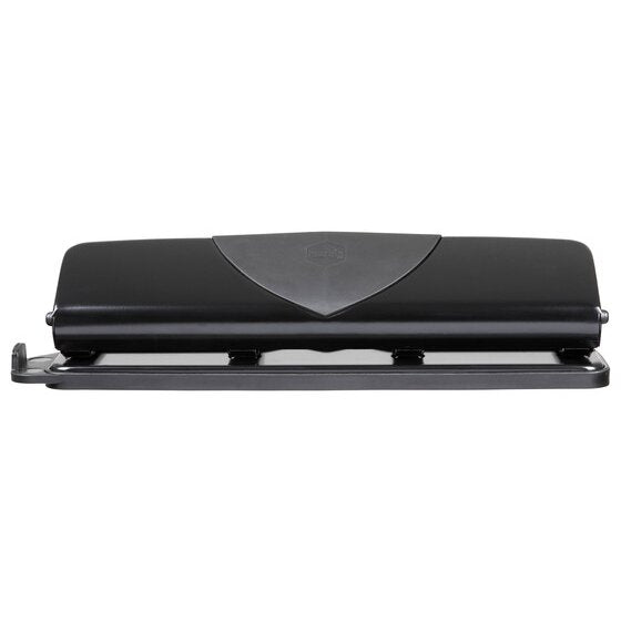 Black four hole punch seen from the front, showing the shaped top plate and a paper guide bar at the base