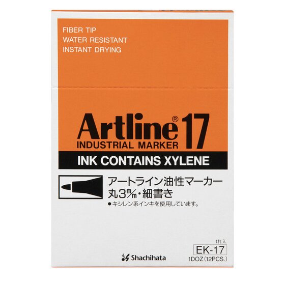 Front of the Artline 17 Industrial Marker box printed Ink Contains Xylene, Fiber Tip, Water Resistant and Instant Drying