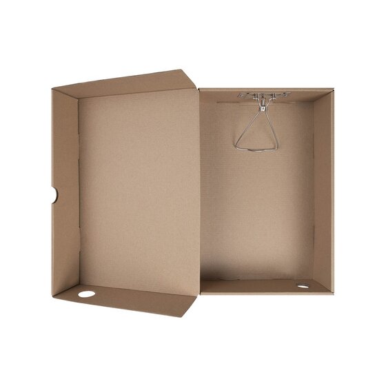 Marbig kraft box file open and empty, showing the metal spring clip fixed to the back wall and finger holes in the lid and base