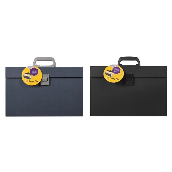 Blue and black Marbig 90020 carry files, each with a round yellow Marbig Carry File swing tag listing pre-printed A-Z, business, school and home office subject titles.