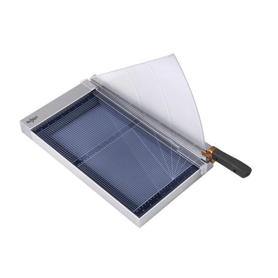 Rexel ClassicCut 1725G glass guillotine at an angle with the clear guard raised