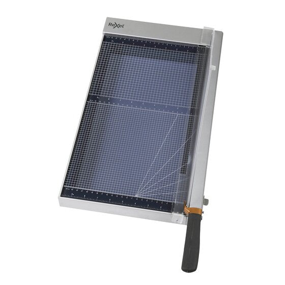 Rexel ClassicCut 1725G A3 tempered glass guillotine from above with the arm lowered