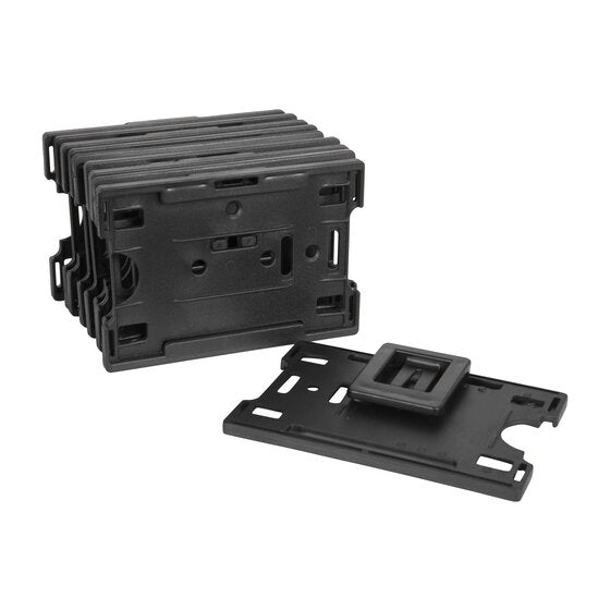 Stack of black Rexel rigid card holders with one laid in front showing the square adjustable pocket clip fitted to its back
