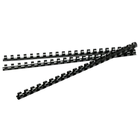 Three black plastic binding combs lying across a white background