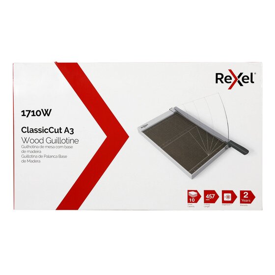 Rexel ClassicCut 1710W A3 Wood Guillotine pack showing 10 sheet, 457mm and 2 year icons